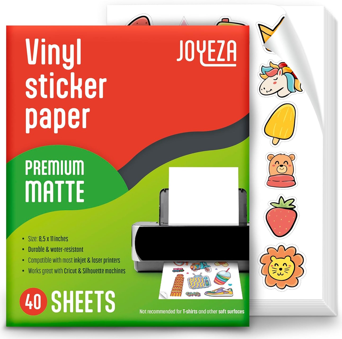 JOYEZA Premium Printable Vinyl Sticker Paper for Inkjet Printer - 25 Sheets Matte White Waterproof, Dries Quickly Vivid Colors, Holds Ink well- Tear Resistant & Laser