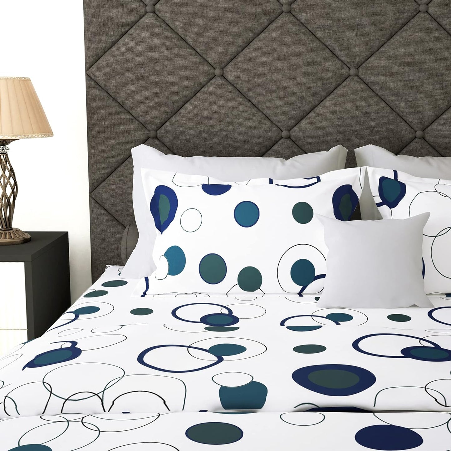 Story at Home 152 TC Flat Bedsheet With 2 Pillow Cover, White, Double Teal and White- 225 cm x 250 cm