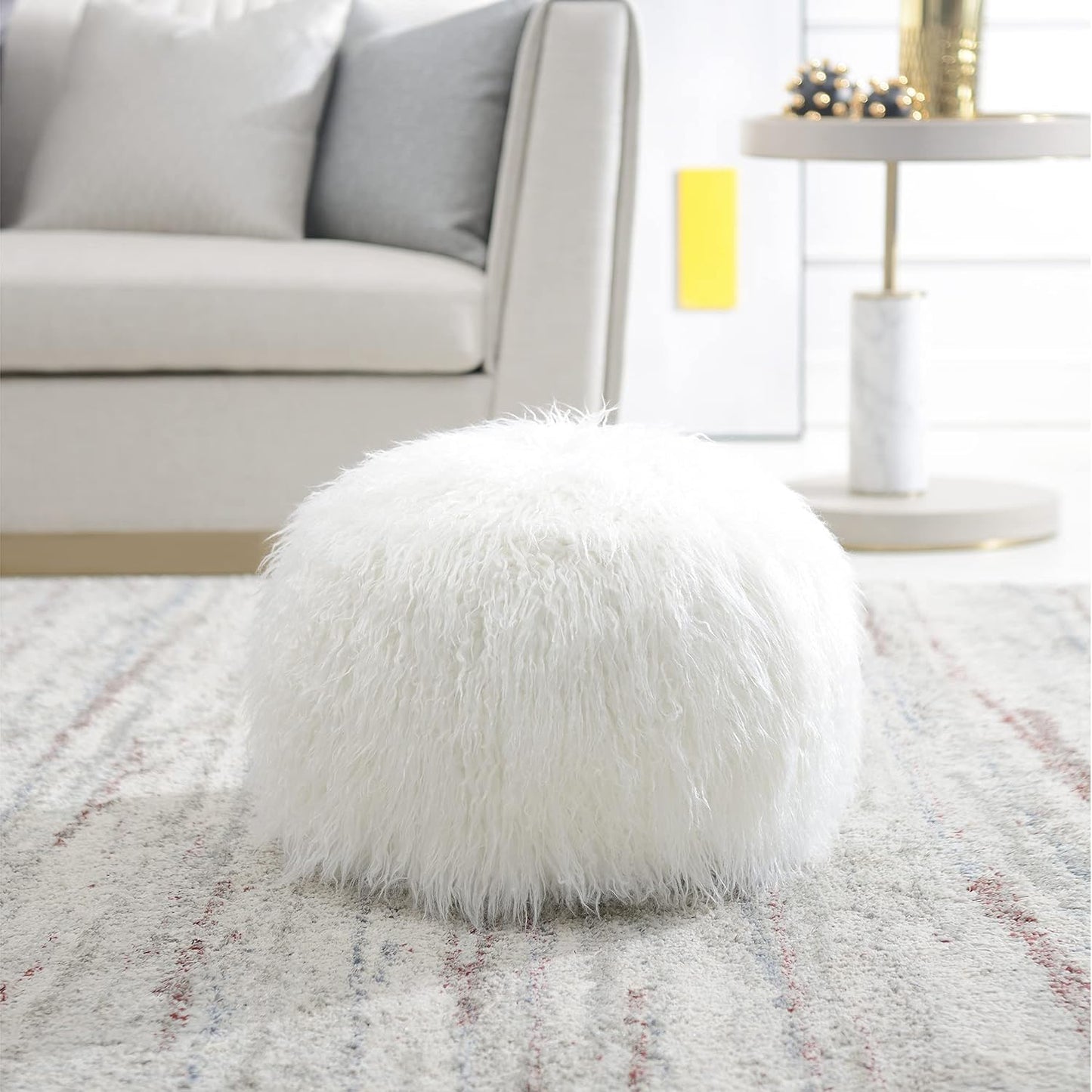 Comfortland Faux Fur Ottoman Stool (Empty & New), Fuzzy Pouf Cover, Fluffy Poof Ottomans, Furry Unstuffed Foot Rest with Storage for Living Room, Bedroom, or Gifts White