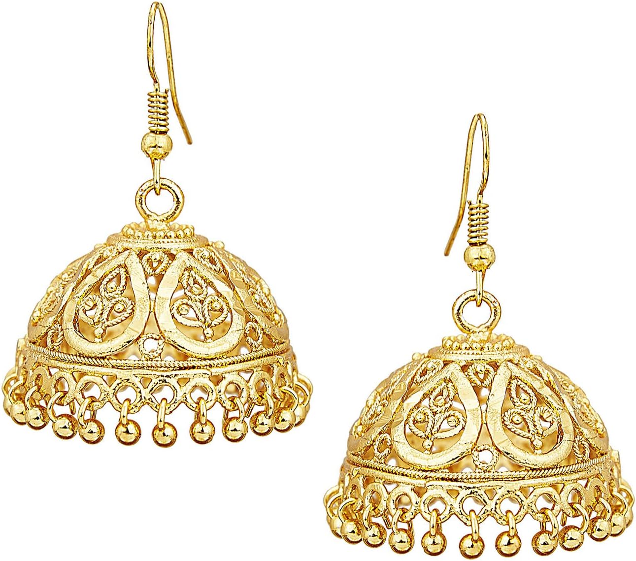 Bodha Gold Plated Traditional Indian Hook Hanging Lightweight Jhumka Earrings (SJ_442), Medium, Brass, crystal