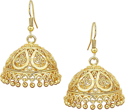 Bodha Gold Plated Traditional Indian Hook Hanging Lightweight Jhumka Earrings (SJ_442), Medium, Brass, crystal