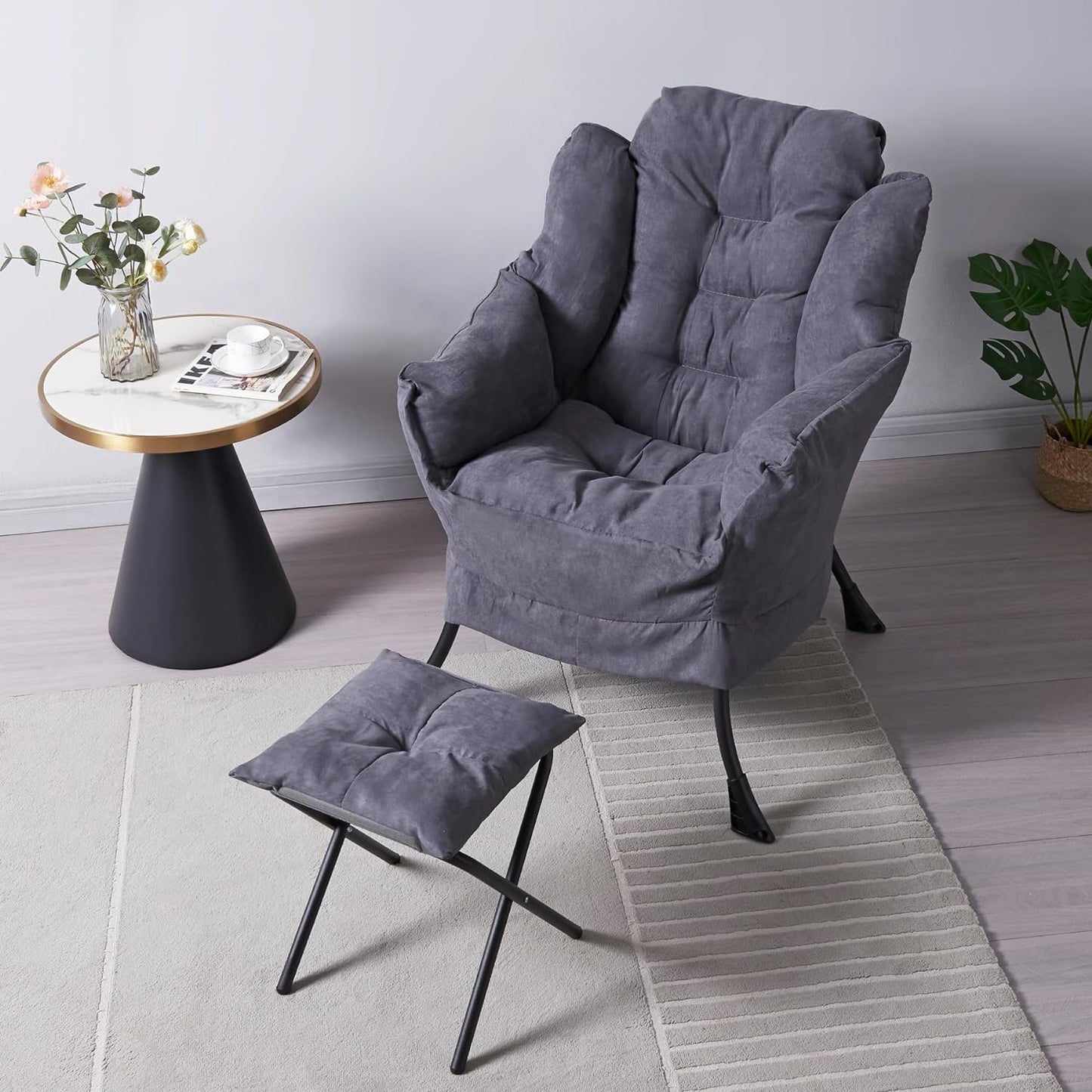 Panana Armchair Accent Chair Lazy Chair Lounge Chair with Armrests Fabric Leisure Sofa Chair with Footstool (Dark Grey)