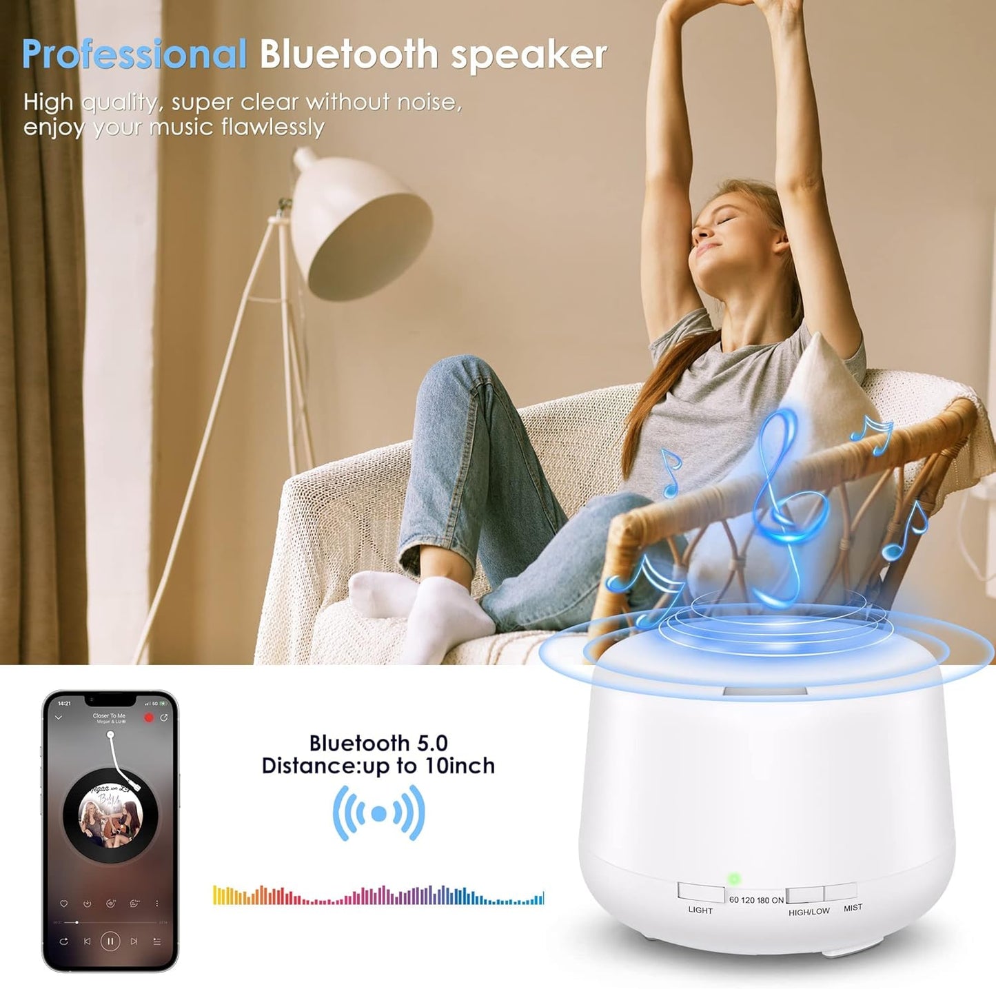 Tiokkss Humidifier Oil Fragrance Diffuser Bluetooth Speaker 5.0, 500ML Aromatherapy Diffusers for Aroma Essential Oils Large Room Bedroom Office Home 14 Colors Night Light with Remote, 4 Timers