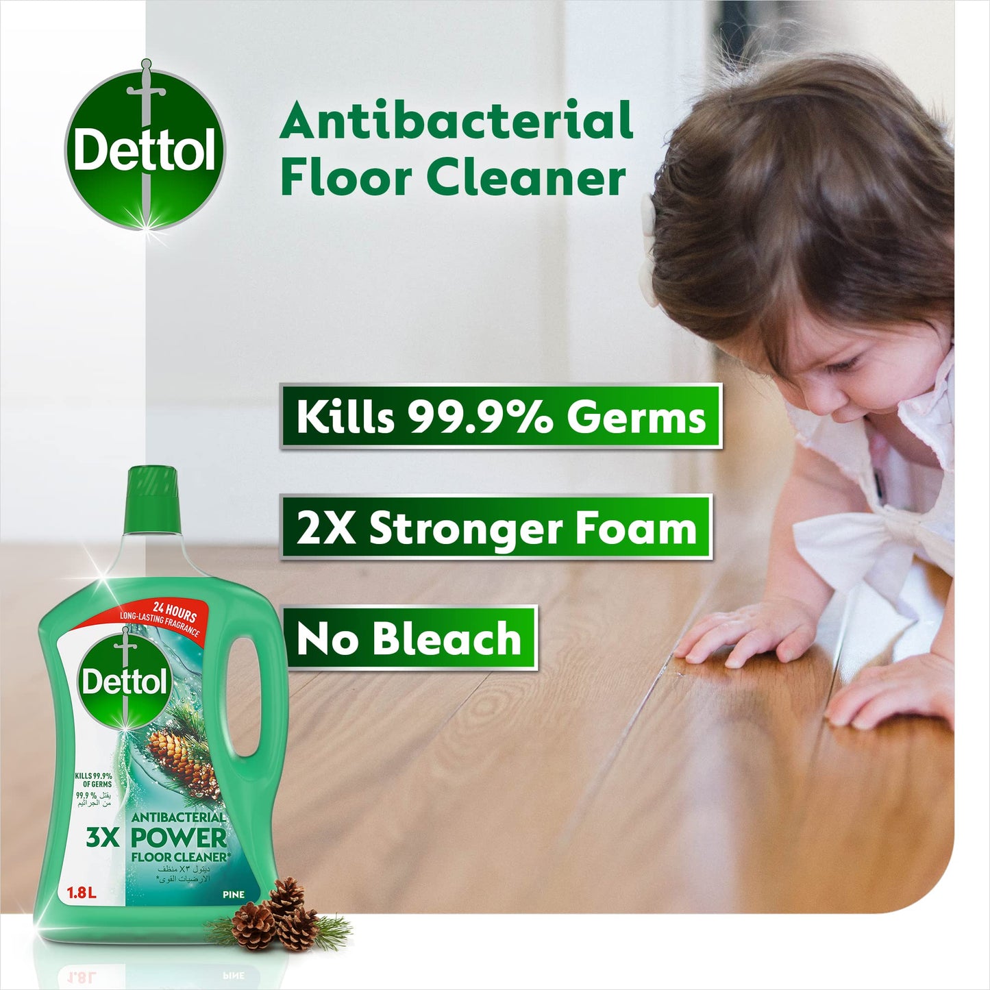 Dettol Pine Antibacterial Power Floor Cleaner With 3 Times Powerful Cleaning (Kills 99.9% Of Germs), 1.8L, Twin Pack