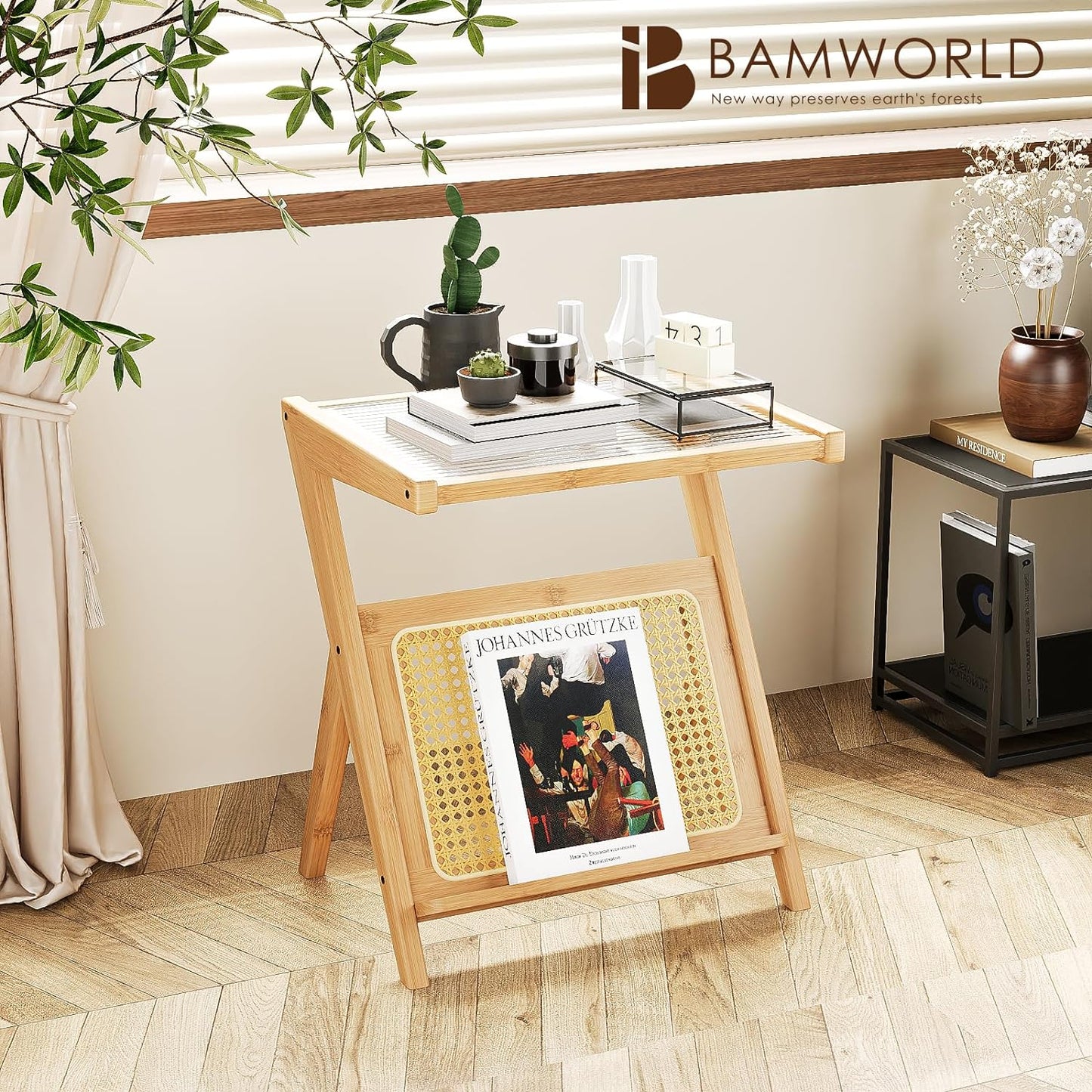 Bamworld Rattan Side Table Boho NightStand Mid Century Modern End Table Glass Bedside Table Small End Tables Bamboo Coffee Table with Storage for Living Room Bedroom, Bamboo Brown (A1)