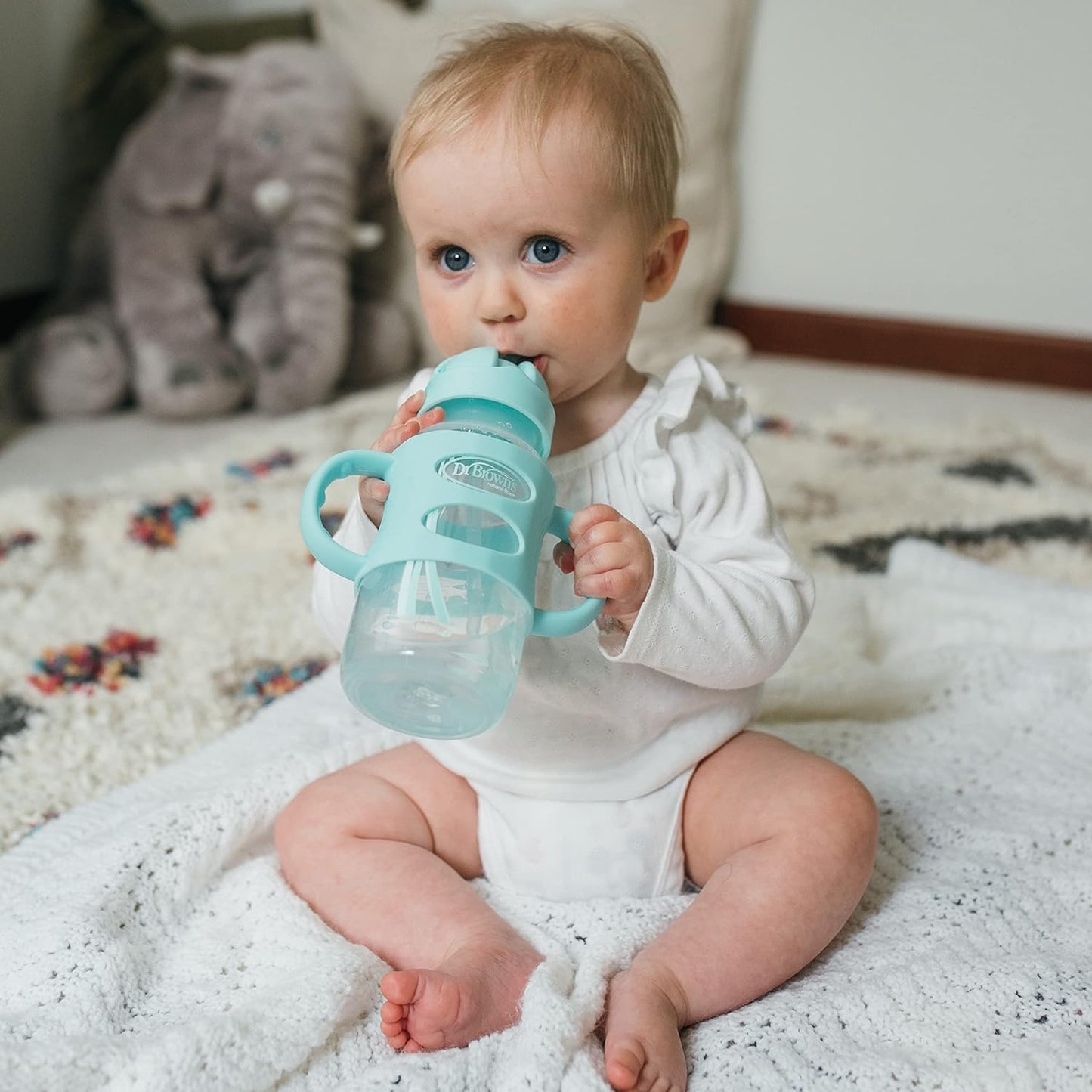 Dr. Brown’s® Milestones™ Narrow Sippy Straw Bottle with 100% Silicone Handles, 8oz/250mL, Gray & Blue, 2 Pack, 6m+