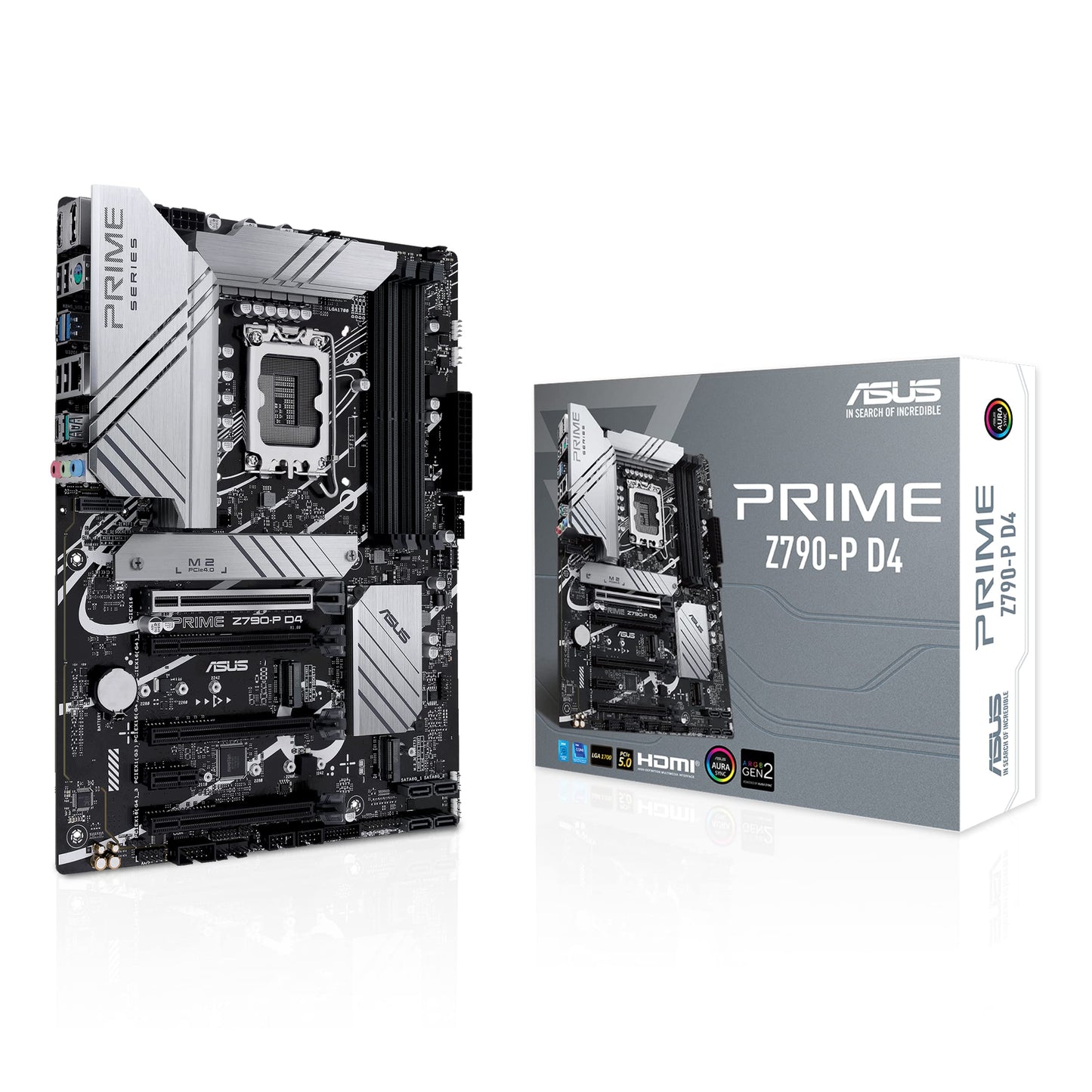 ASUS Prime Z790-P D4, an Intel Z790 LGA 1700 ATX Motherboard with PCIe 5.0, Three M.2 Slots, 14+1 DrMOS, DDR4, Realtek 2.5 Gb LAN, HDMI, DP, USB 3.2 Gen 2x2 Type-C, Front USB 3.2 Gen 2 Type-C