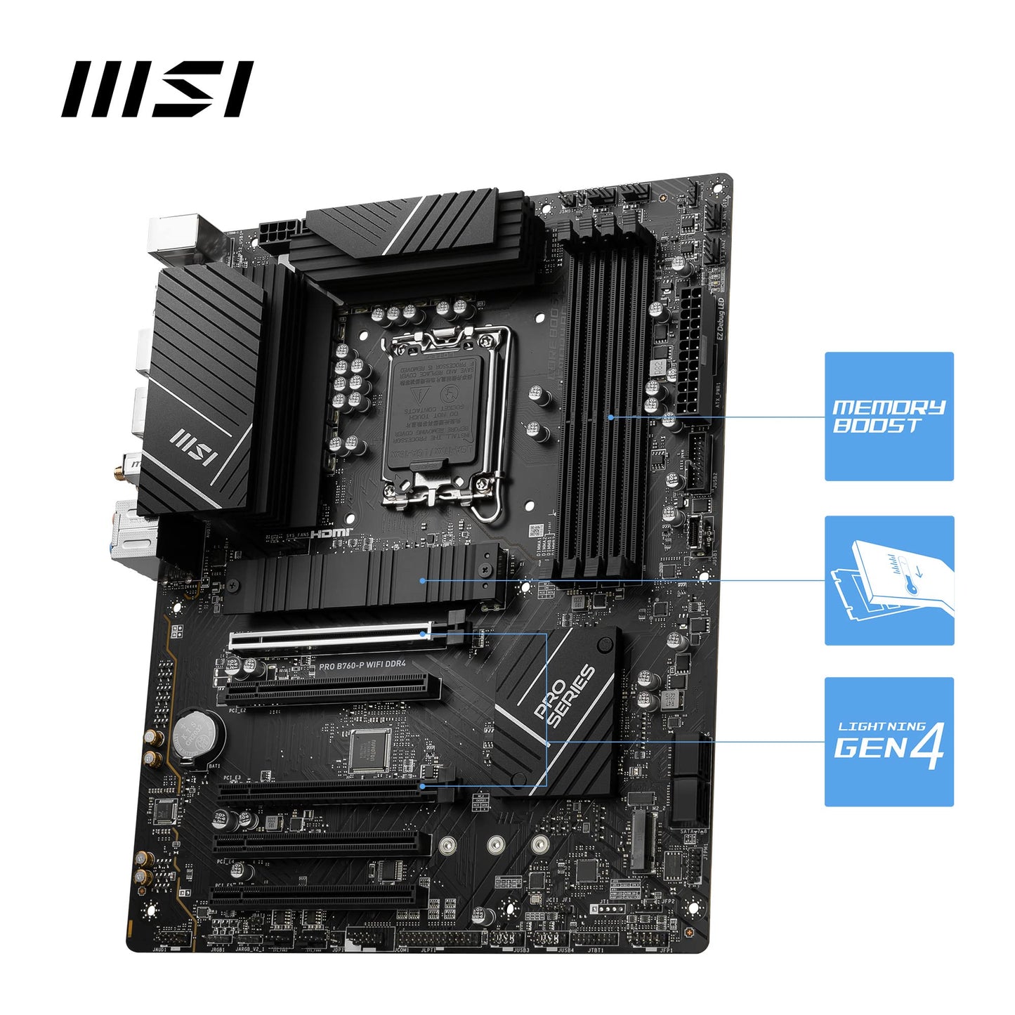 MSI PRO B760-P WIFI DDR4 Motherboard, ATX - Supports Intel 12th & 13th Gen Core Processors, LGA 1700 - DDR4 Memory Boost 5333+MHz/OC, PCIe 4.0 x16 Slots, M.2 Gen4 Slots, 2.5G LAN, Wi-Fi 6E