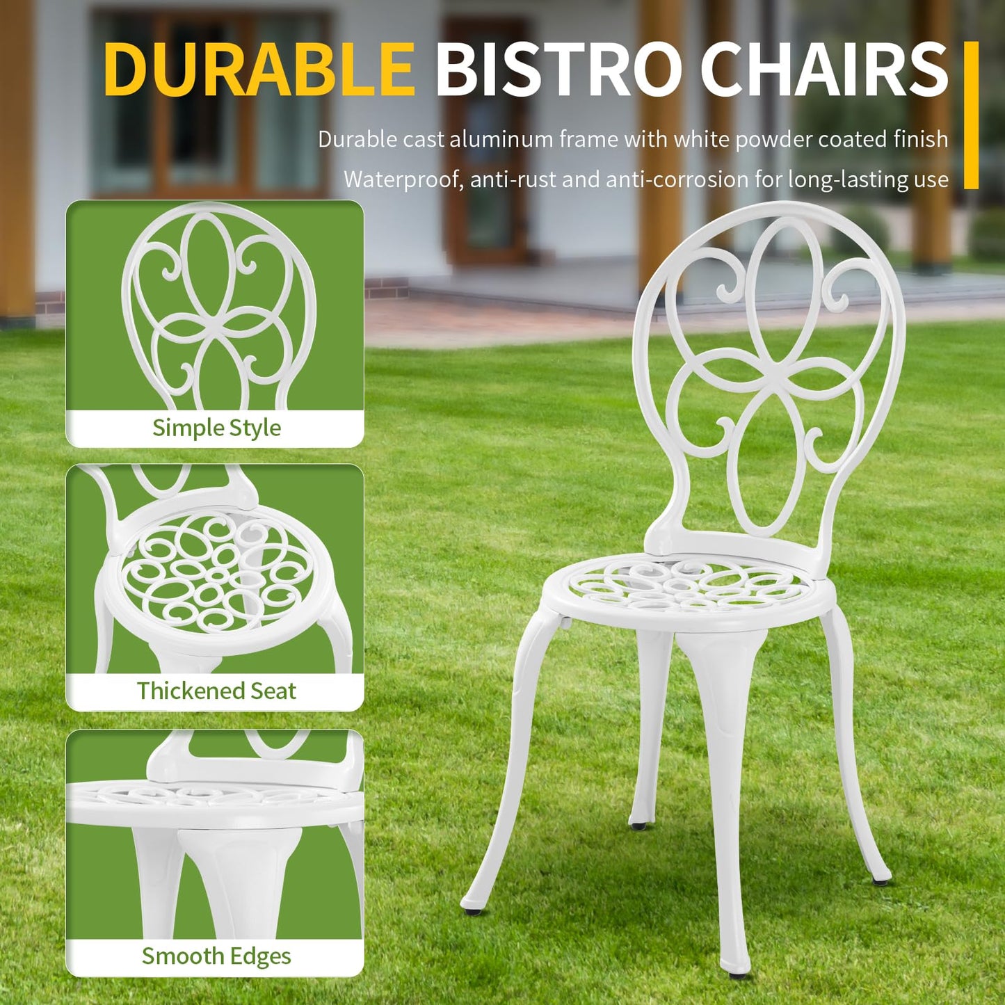 Withniture Bistro Table and Chairs Set of 2, White Metal Patio Bistro Set 3 Piece Outdoor Table Chairs with Umbrella Hole, Cast Aluminum Patio Furniture Set for Garden Porch