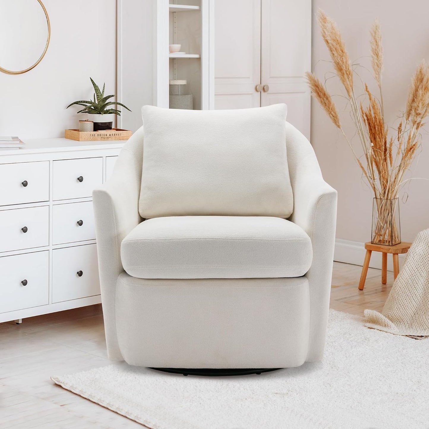 COLAMY Swivel Armchair Barrel Chair, Upholstered Round Accent Chair, 360° Swivel Single Sofa with Back Pillow for Comfort, Morden Arm Chair for Living Room/Nursery/Bedroom-Cream