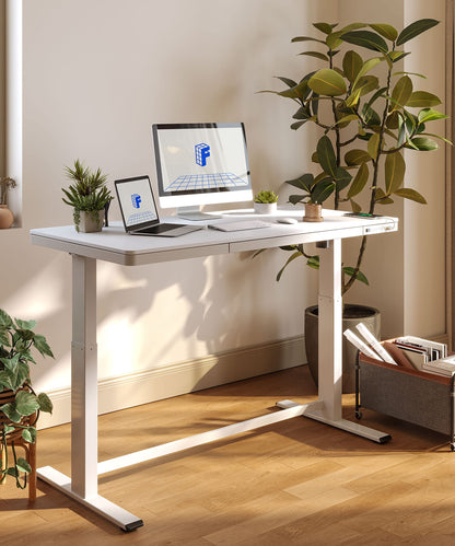 Flexispot Electric Height AdjUStable Standing Desk With Drawer 48 X 24 Inch Tempered Glass White Desktop & Frame Home Office Computer Workstation (2.4A USb Charge Ports, Memory Controller, Child Lock)