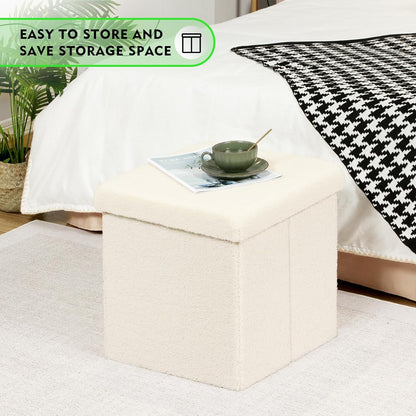 PINPLUS Storage Ottoman Foot Rest Stool, White Folding Sherpa Ottoman, Ottoman with Storage, Teddy Velvet Ottoman for Living Room, Bedroom, Dorm, 16.5" x 12.6" x 12.6"