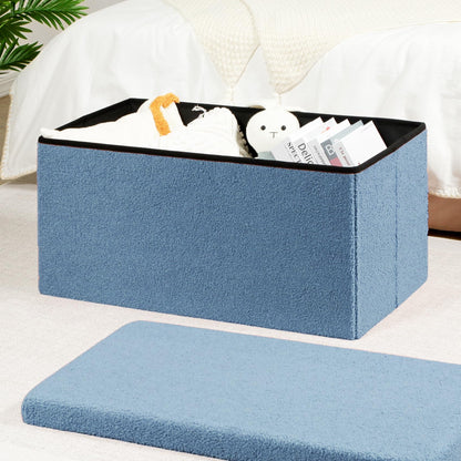 PINPLUS Storage Ottoman Foot Rest Stool, White Folding Sherpa Ottoman, Ottoman with Storage, Teddy Velvet Ottoman for Living Room, Bedroom, Dorm, 16.5" x 12.6" x 12.6"