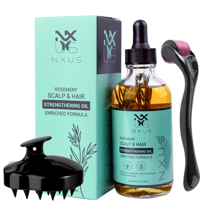 NXUS 118ml Large Rosemary Oil For Hair Growth With Scalp Massager & Derma Roller (0.25mm) To Stop Hair Fall & Receding Hair Line Scalp & Hair Strengthening Oil 100%Organic & Natural Hair Growth Serum