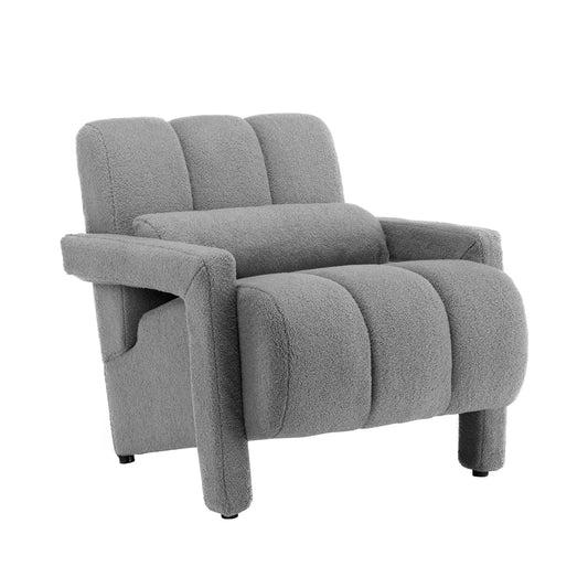 LOULENS Lambswool Accent Chair, Modern Upholstered Sherpa Accent Chair, Comfy Teddy Single Armchair with Pillow for Living Room, Bedroom (Grey, Backrest Under The Cushion)