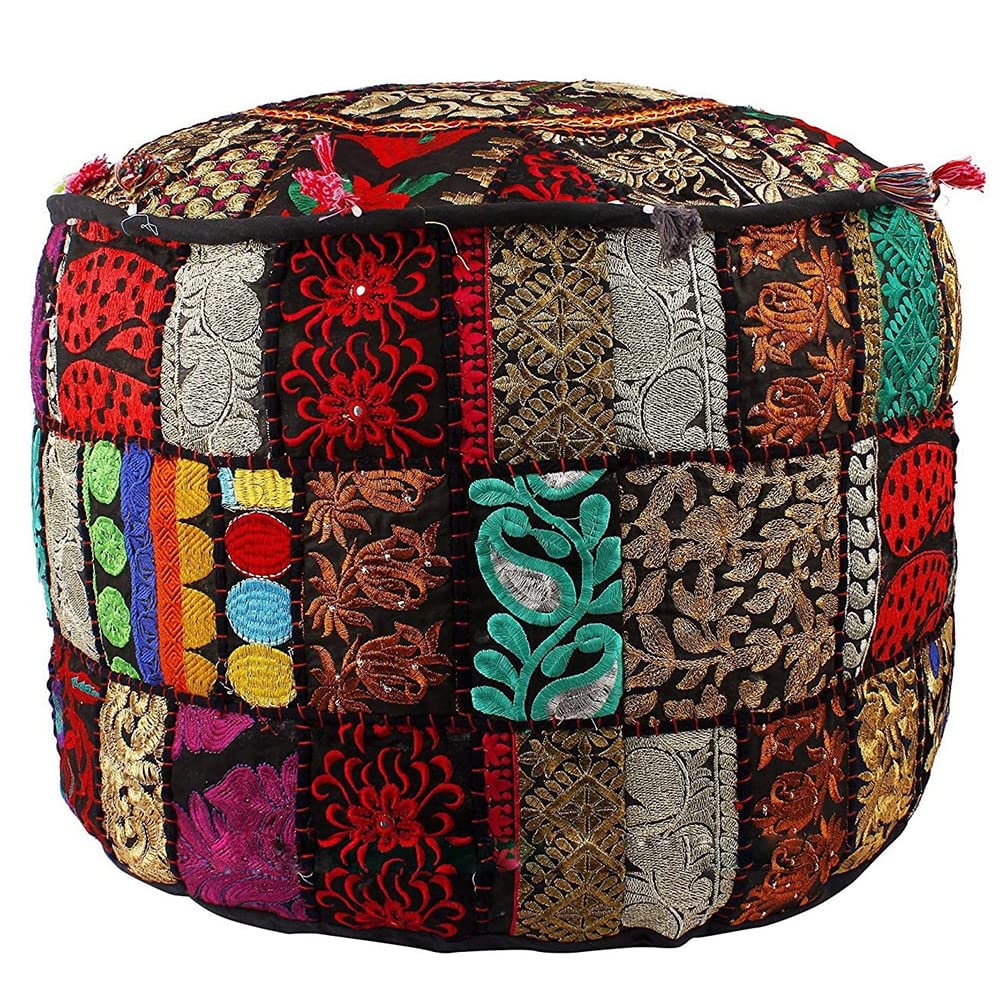 Aakriti Gallery Indian Pouf Footstool Ethnic Embroidered Pouf Cover, Indian Cotton Round Pouffe Ottoman Pouf Cover Pillow Ethnic Decor Art - Cover Only (Yellow, 18x13)