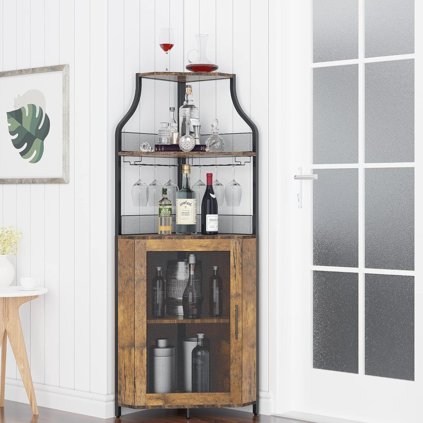 GAOMON Farmhouse Wine Bar Corner Cabinet with Storage, Small Buffet Sideboard with Detachable Rack and Buffet Mesh Door, Glass Rack, Liquor Coffee Bar Cupboard for Kitchen, Dining Room (Retro Brown)