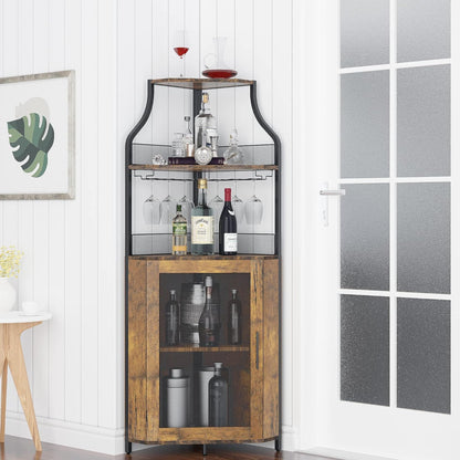 GAOMON Farmhouse Wine Bar Corner Cabinet with Storage, Small Buffet Sideboard with Detachable Rack and Buffet Mesh Door, Glass Rack, Liquor Coffee Bar Cupboard for Kitchen, Dining Room (Retro Brown)