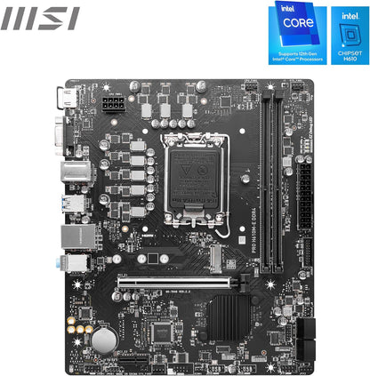 MSI PRO H610M-E DDR4 Motherboard, Micro-ATX - Supports Intel 12th Gen Core Processors, LGA 1700-2 x DIMMs (3200MHz), 1x PCIe 4.0 x16 slot, 1 x M.2 Gen3, USB 3.2 Gen1, 1G LAN, HDMI 1.4 & VGA