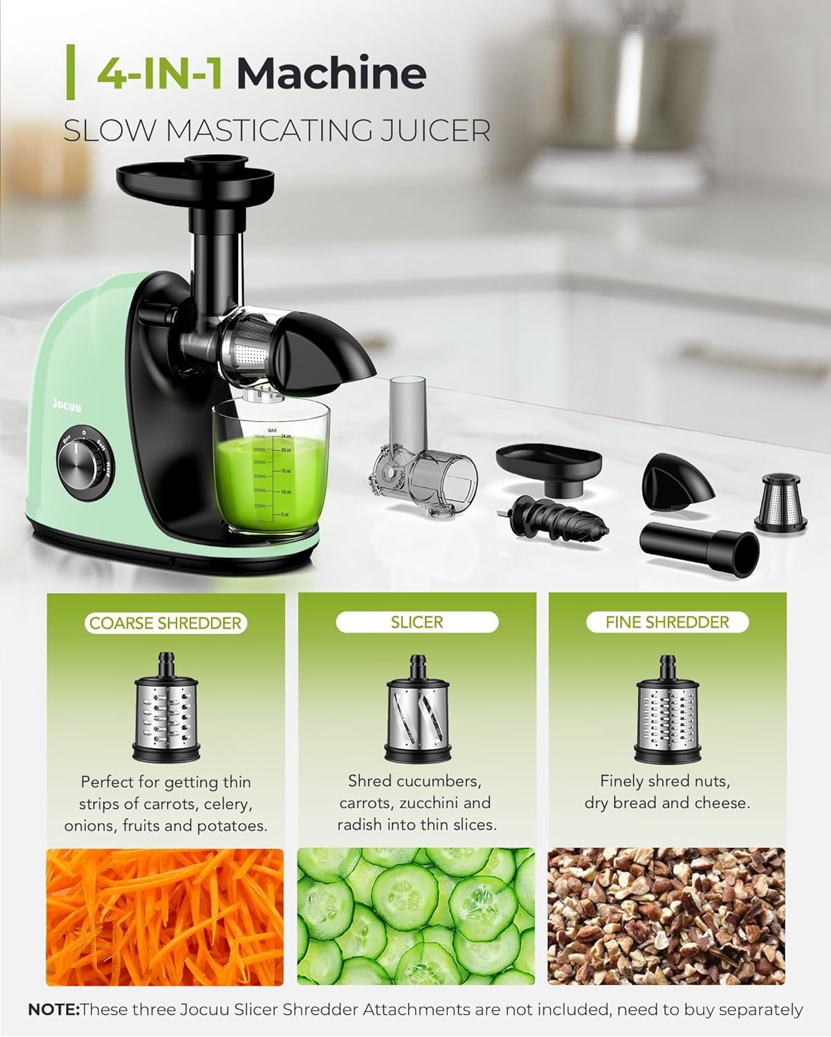 Jocuu Slow Masticating Juicer with Soft/Hard Modes Easy to Clean Quiet Motor & Reverse Function, Cold Press Juicer for Fruit & Vegetable, 90% Juice Yield, with Brush & Recipes (Gray)