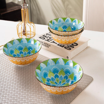 Techplus Set of 4 Geometric Pattern Ceramic Bowls – 6.25 Inch Yellow and Blue Design – Microwave, Dishwasher, Oven Safe – Perfect for Salads, Pasta, Soup – Stylish Gift for Kitchen Lovers