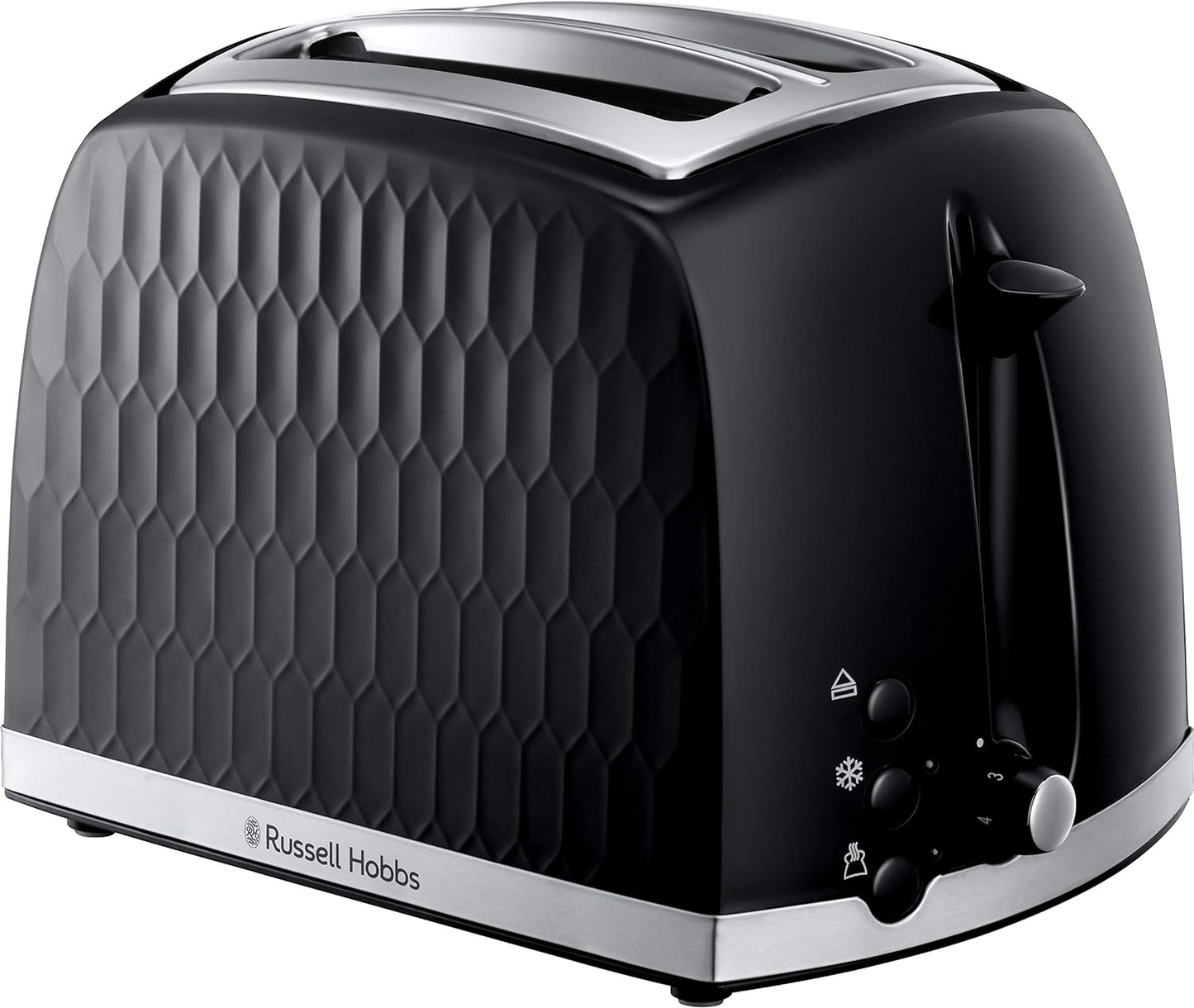 Russell Hobbs Honeycomb 2 Slice Toaster (Extra wide slots, High lift feature, 6 Browning levels, Frozen/Cancel/Reheat function, Removable crumb tray, 850W, Black, Textured high gloss) 26061