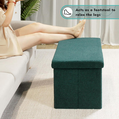 PINPLUS Storage Ottoman Foot Rest Stool, White Folding Sherpa Ottoman, Ottoman with Storage, Teddy Velvet Ottoman for Living Room, Bedroom, Dorm, 16.5" x 12.6" x 12.6"