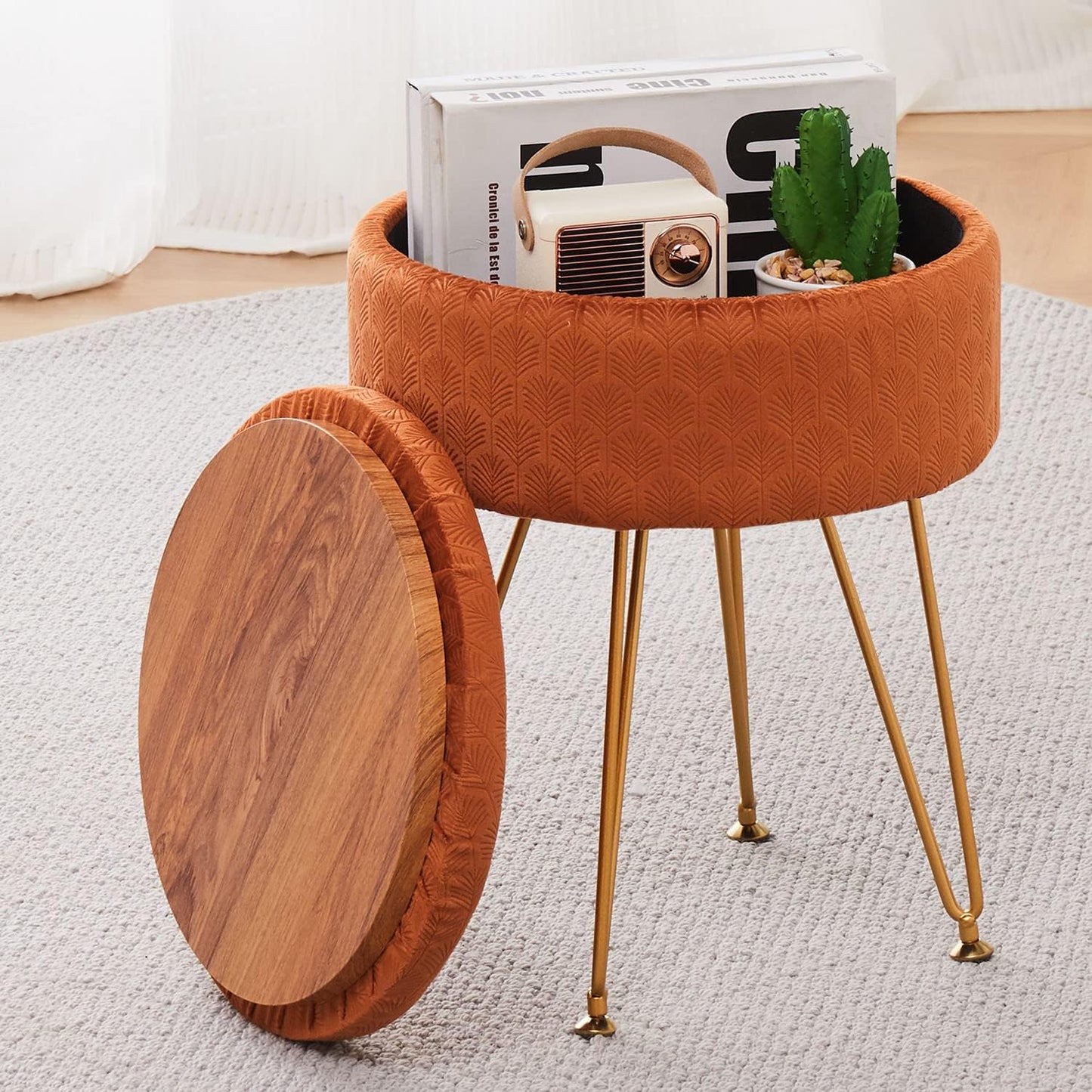 Cpintltr Footrest Footstools Round Velvet Ottoman with Storage Space Soft Vanity Chair with Memory Foam Seat Small Side Table Hallway Step Stool 4 Gold Metal Legs with Adjustable Footings Champagne