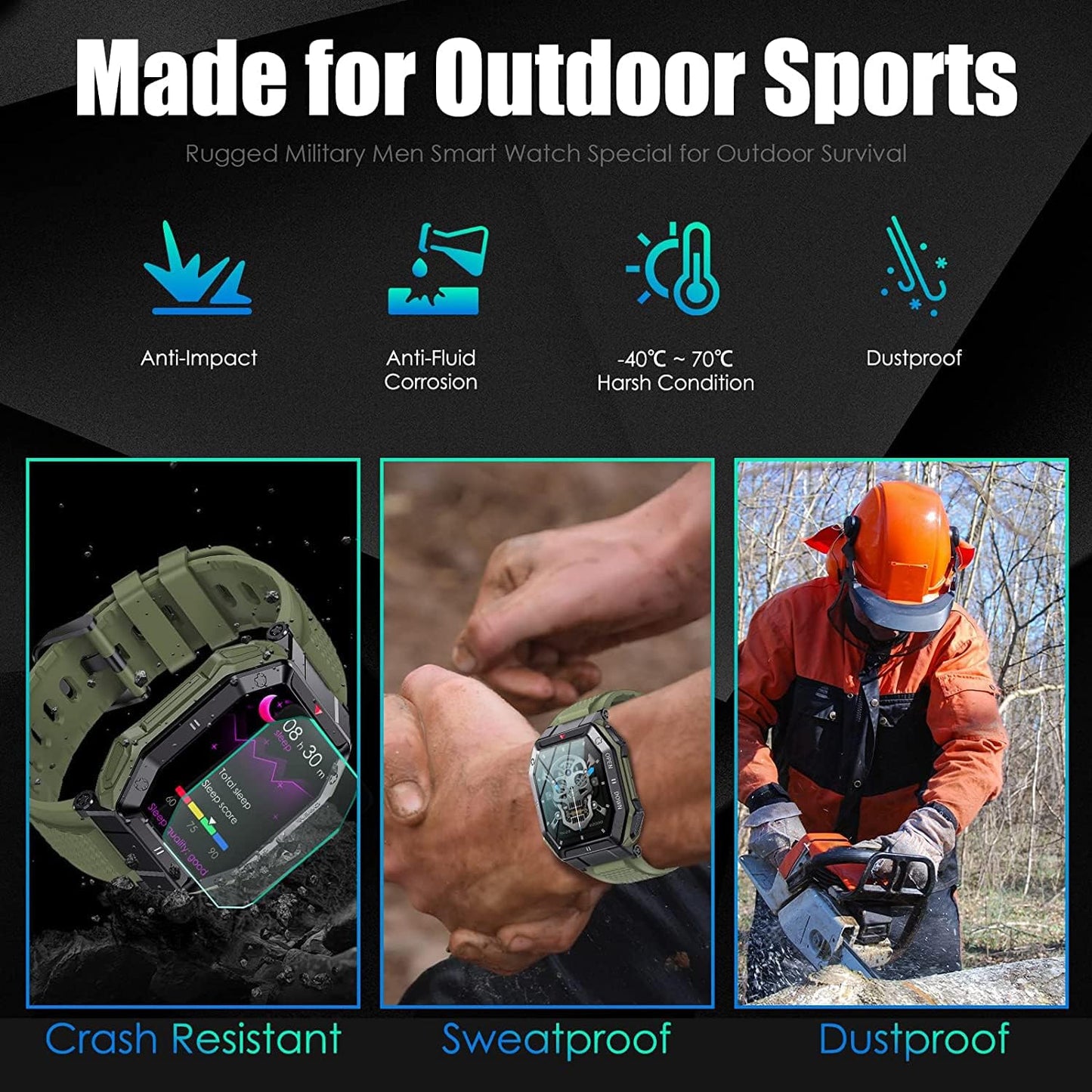 Military Smartwatch for Men with Call Answer/Make Outdoor Tactical Sports Watch Rugged 1.85" HD Heart Rate Fitness Tracker Smart Watch Compatible with iPhone Samsung Android (Black)