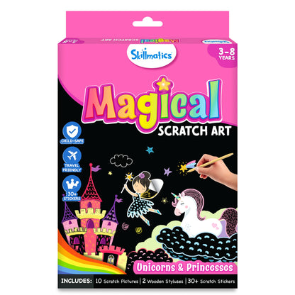 Skillmatics Magical Scratch Art Book for Kids - Unicorns & Princesses, Craft Kits & Supplies, DIY Activity & Stickers, Gifts for Toddlers, Girls & Boys Ages 3, 4, 5, 6, 7, 8, Travel Toys