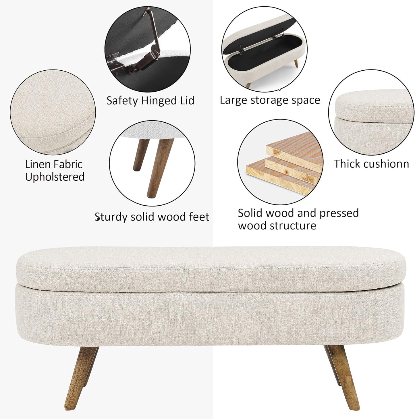 IAFIKE Oval Storage Bench 43.5" Linen Fabric Upholstered Ottoman Indoor Bench with Solid Wood Legs for Living Room/Bedroom/End of Bed/Entryway/Bed Side (White)