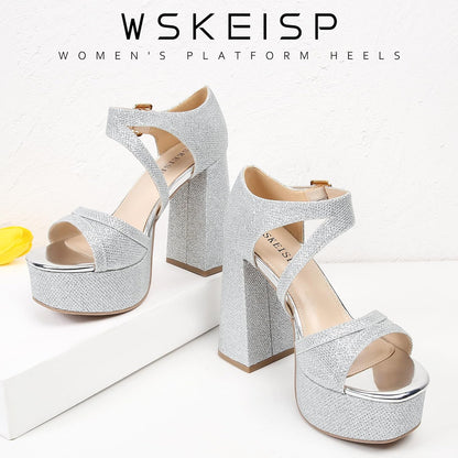 WSKEISP Platform Chunky Heels for Women Trendy Square Toe Heeled Sandals Black White Pink Silver Gold High Heels Ankle Strap Party Wedding Dress Pumps