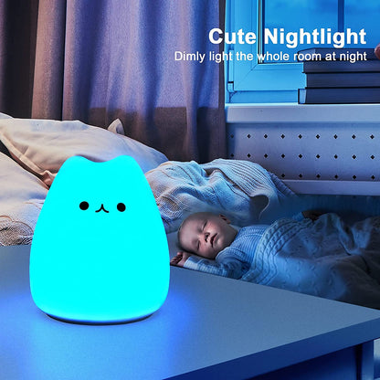 LED Cat Night Light, Battery Powered Silicone Cute Cat Nursery Lights with Warm White and 7-Color Breathing Modes for Kids Baby Children (Mini Celebrity Cat)