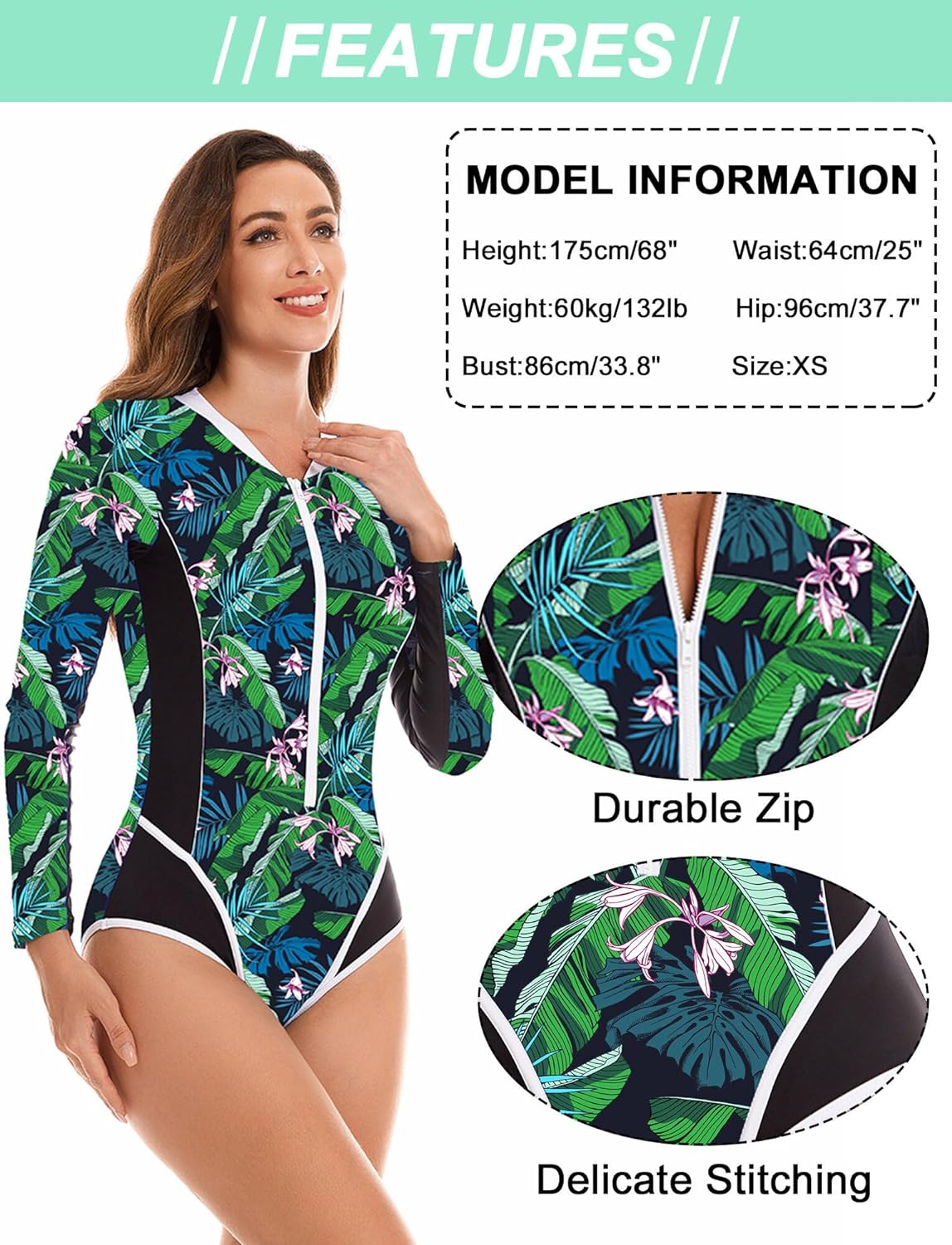 Maeau Women's Long Sleeve Rash Guard UV Protection Zipper Printed Surfing One Piece Swimsuit Bathing Suit