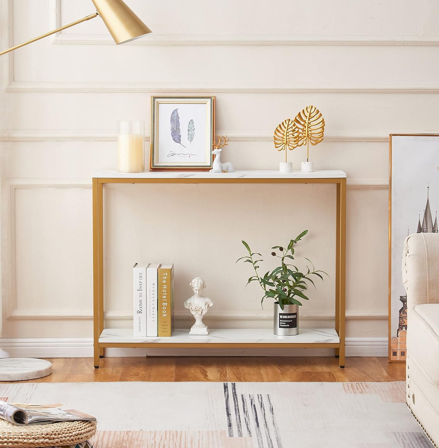 loglus Console Table for Entryway, Faux Marble MDF Sofa Table with Golden Frame (Double Layer, White Marble)