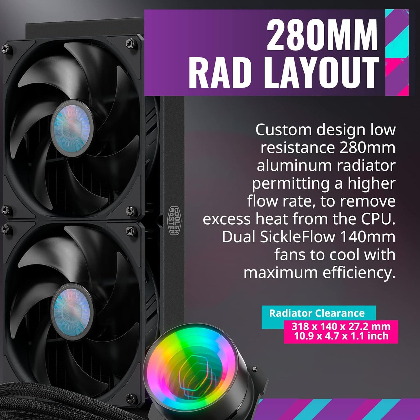 Cooler Master Masterliquid ml280 Mirror ArGB Close-Loop Aio Cpu Liquid Cooler, Mirror ArGB Pump, 280 Radiator, Dual Sickleflow 140mm, 3Rd Gen Dual Chamber Pump For Amd Ryzen/Intel Lga1700*/1200/115X