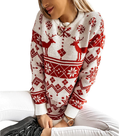 Women Sweater Christmas Oversized Pullover Sweaters Reindeer Snowflake Graphic Long Sleeve Crew Neck Knit Tops