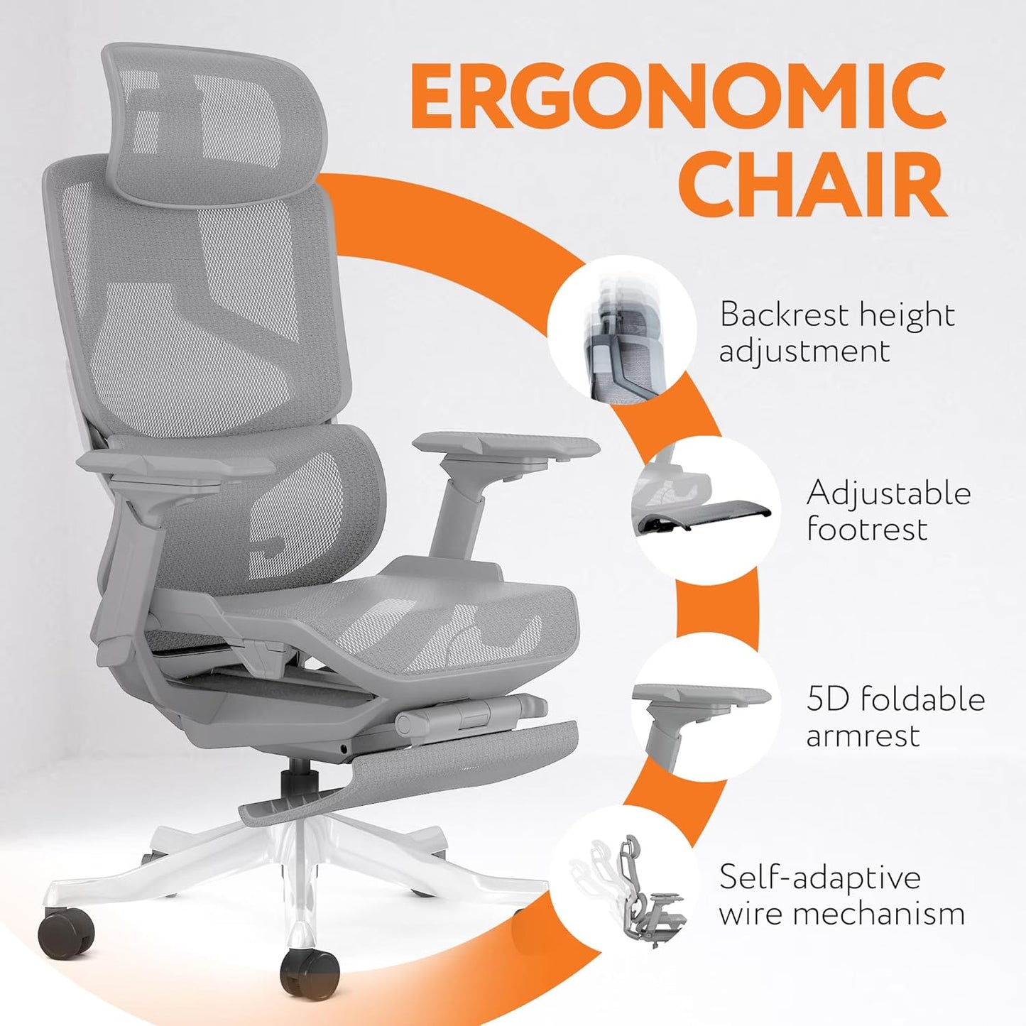 Skyland Executive Office Chair - Advanced Ergonomics, High-Back, Breathable Mesh - Adjustable Lumbar Support, Footrest, Headrest, Seat Depth, Foldable Armrests - Aluminum Swivel Base (Black)