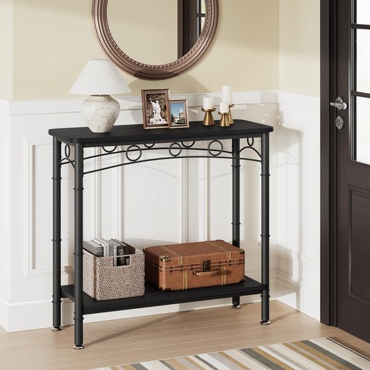 IDEALHOUSE 2024 New Console Table, 31.5" L x 11.8" W x 31.8" H Retro Sofa Table with Storage, 2 Tier Behind Couch Table for Living Room, Entryway, Hallway, Foyer-Black-Vintage Design and Versatile Use