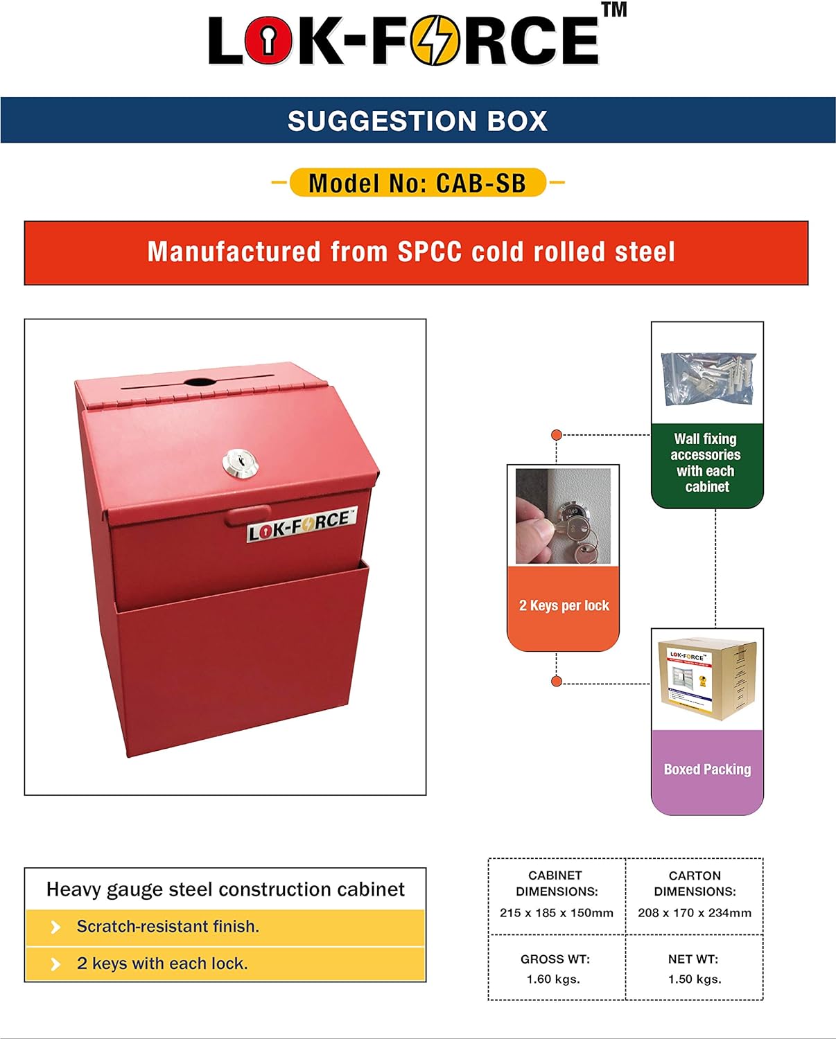 LOK-FORCE - SUGGESTION BOX Heavy Duty construction. Dimension: 215mm x 185mm x 150mm Color: Red.(CAB-SB)