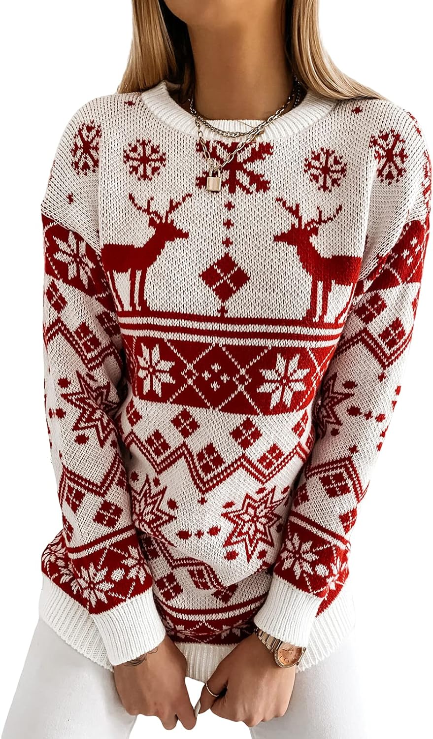 Women Sweater Christmas Oversized Pullover Sweaters Reindeer Snowflake Graphic Long Sleeve Crew Neck Knit Tops