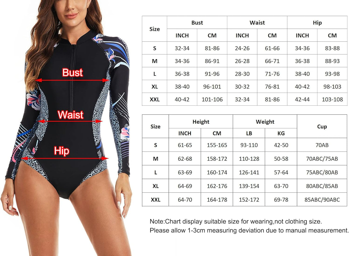 Maeau Women's Long Sleeve Rash Guard UV Protection Zipper Printed Surfing One Piece Swimsuit Bathing Suit