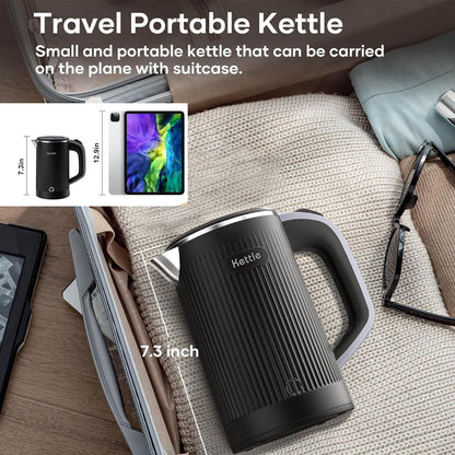 Enliansgo Electric Kettle-0.8L Portable Travel Kettle with Double Wall Construction, 304 Stainless Steel Interior, BPA-Free, Small Electric Kettle with Auto Shut-Off portable kettle(Black)