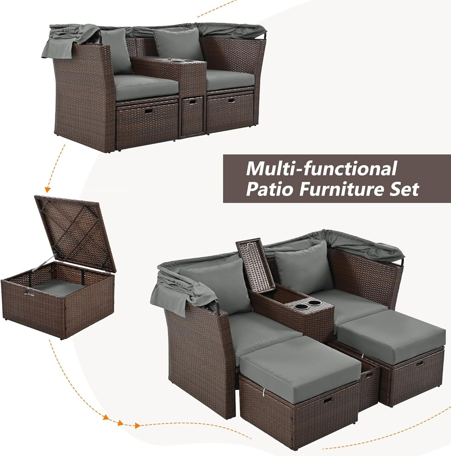 Morhome 5 Pieces Patio Furniture Sets All Weather Wicker Rattan Sectional Sofa Outdoor Conversation with Adustable Backrest, Cushions, Ottomans and Lift Top Coffee Table for Poolside, Garden, Backyard