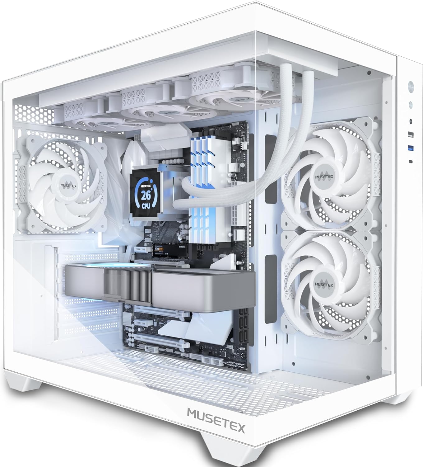 MUSETEX ATX PC Case, 3 x 120mm Fans Pre-Installed, 360MM RAD Support, 270° Full View Tempered Glass Gaming PC Case with Type-C, Mid Tower ATX Computer Case, Black, Y6