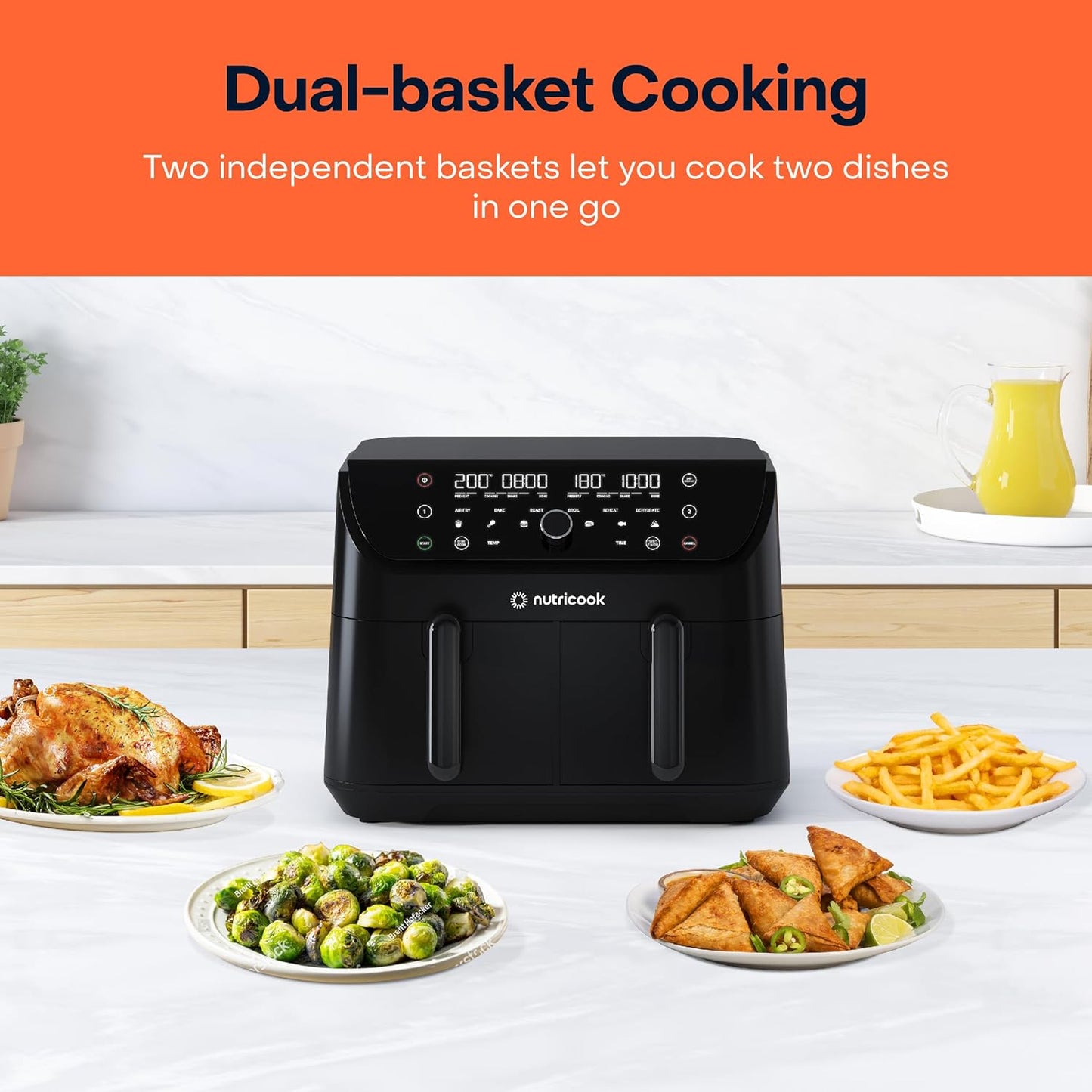 Nutricook Air Fryer Duo 2 by Caliber Brands, 8.5L Independently Controlled Dual Baskets, Air Fry, Bake, Roast, Broil, Reheat & Dehydrate, 6 Presets, AFD185, Black, 2400 Watts, 2 Year Warranty