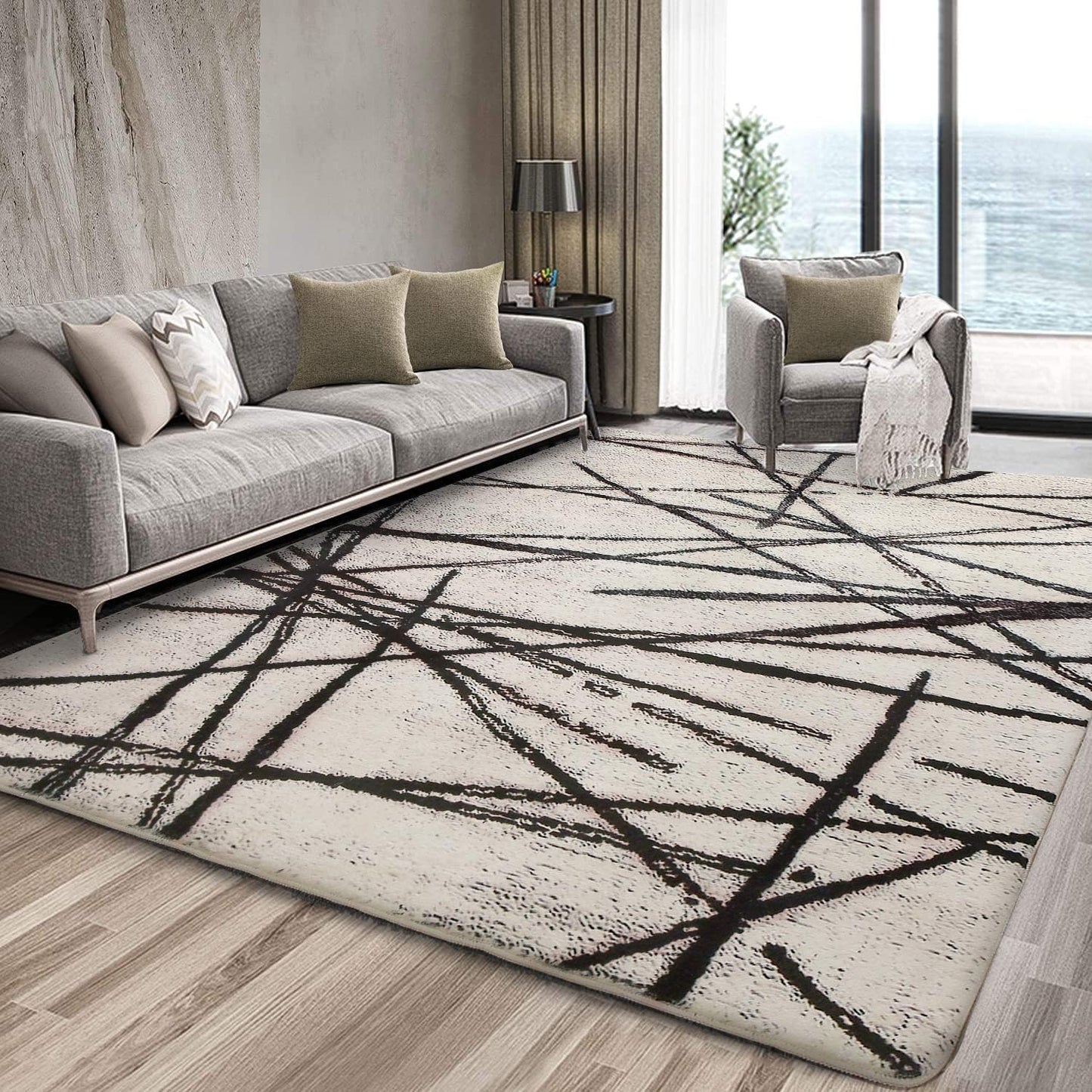 Leesentec Area Rugs Soft Modern Rug Carpet Geometric Stripe Rug Non Slip Cashmere Rug for Bedroom Living Room Floor Mat (Beige, 120 x 160 cm)