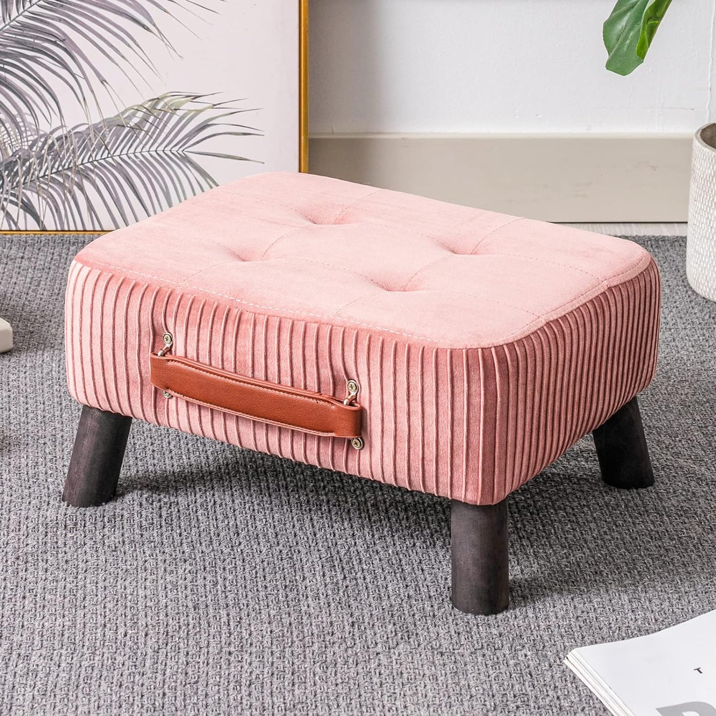 Small foot stool ottoman, Beige PU leather rectangle ottoman footrest, bedside step stool with wood legs, small Rectangular stool, foot rest for couch, small ottoman for desk, living room, bedroom