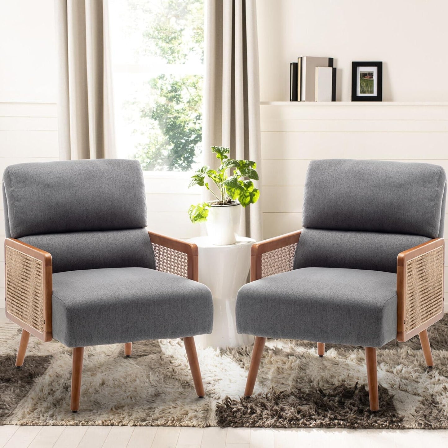 ALISH Rattan Accent Chairs,Upholstered Accent Chairs Armchair Mid Century Modern Living Room Chair with Rattan Armrest and Wooden Legs (Gray, Set of 1)