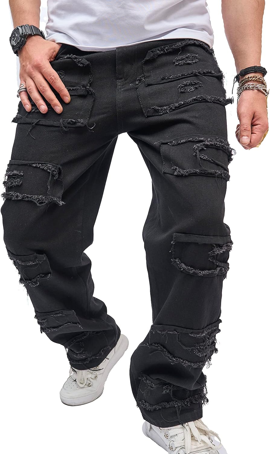 WEIBUMAOYI Men's Loose Fit Pants Relaxed-Fit Men Jeans Washed Oversize Straight Leg Carpenter Jean